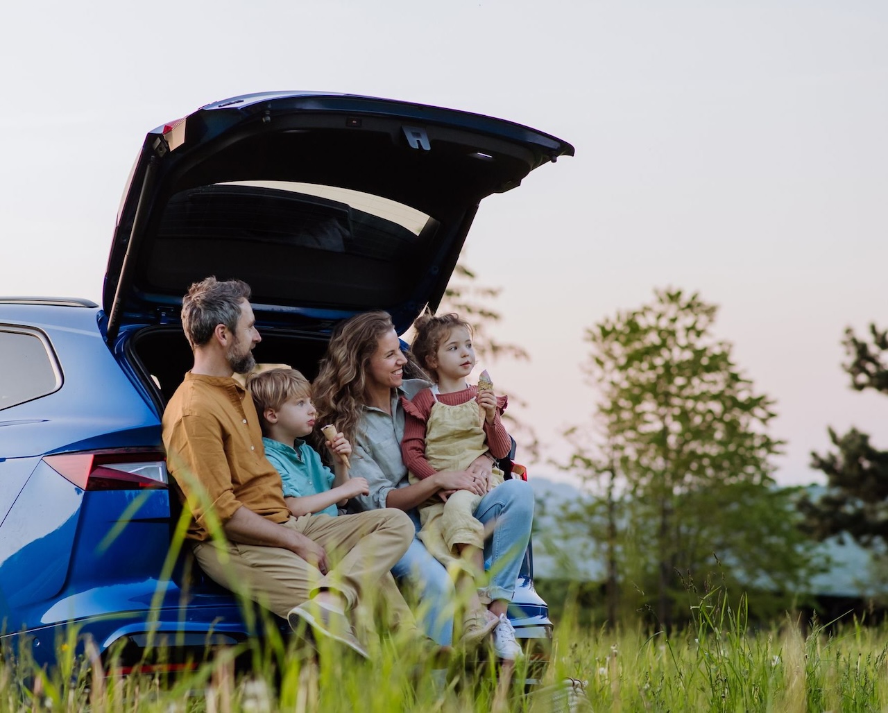 familia en el coche disfrutando del campo